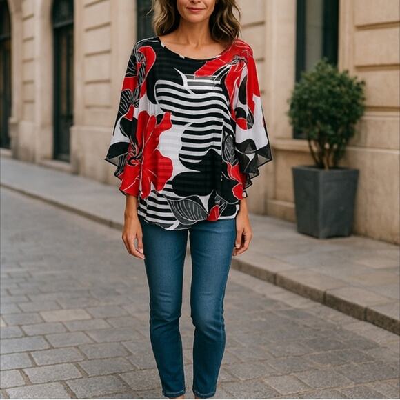 Alfred Dunner Women's Floral Overlay Striped Top Size 18 - Picture 2 of 9